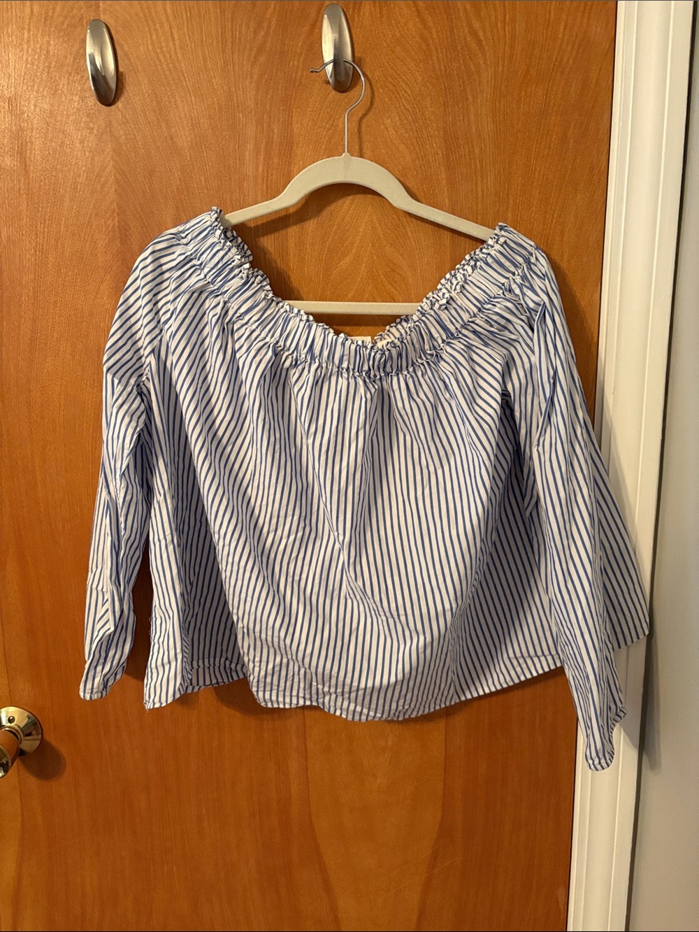 GAP Blue and White Striped Off-Shoulder Top